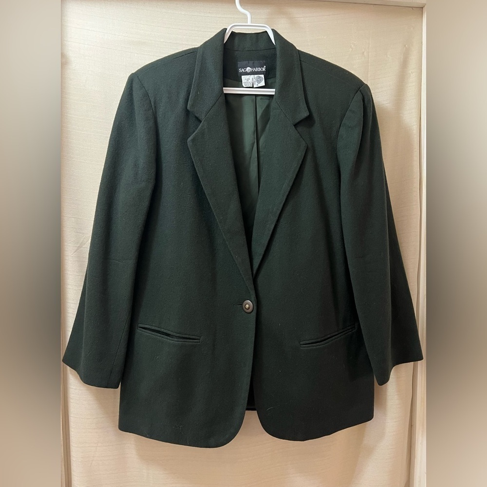 Sag Harbor Elegant Dark Green Oversized Wool Blazer Shoulder Pads Size 14